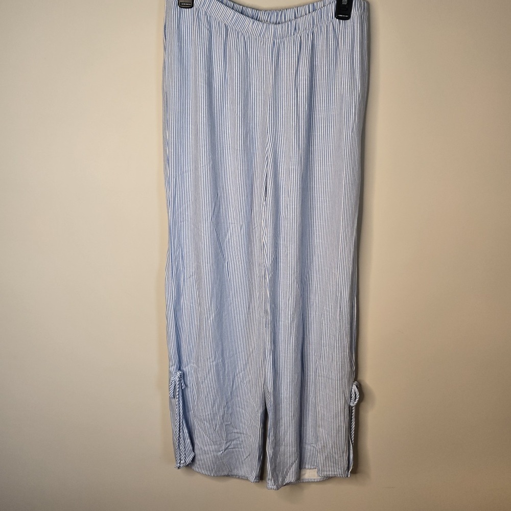 Womens Sz L Large Blue White Striped Nautical Pants Pockets Side Tie Wide Leg - Picture 2 of 11